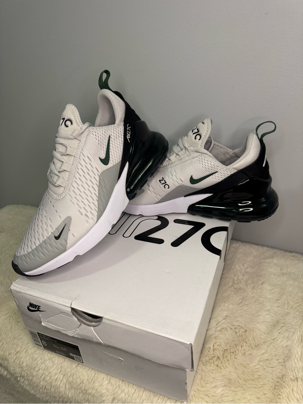 Nike Air Max 270 White Gray with Dark Green Swoosh